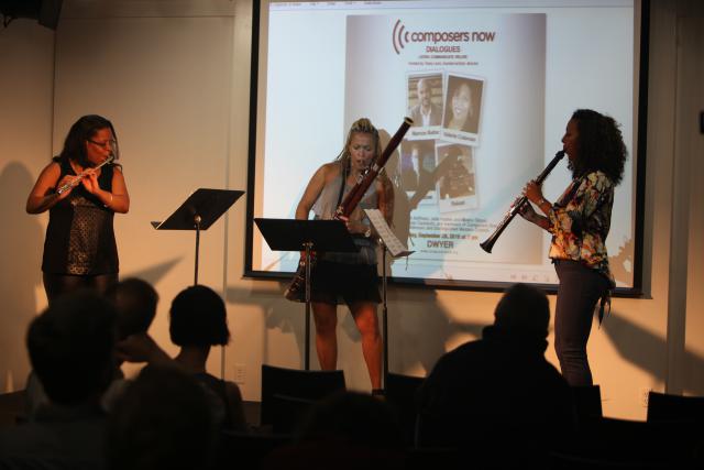 Valerie Coleman, composer & flutist; with fellow Imani Winds members: Mariam Adam, clarinetist & Monica Ellis, bassoonist